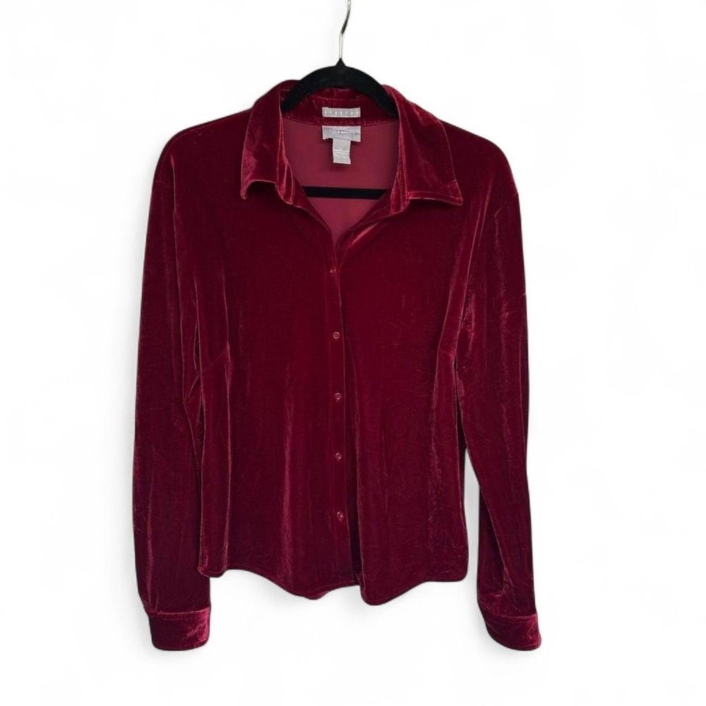 Old Navy burgundy wine velvet button-up stretch blouse Size Large